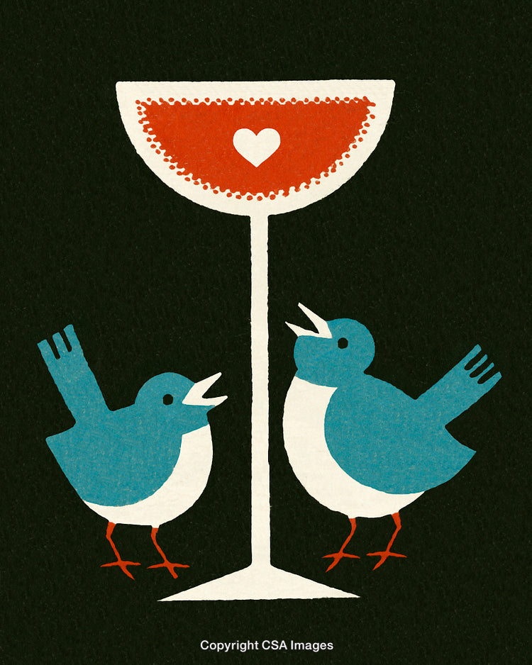 Bluebirds Singing Next to a Goblet with a Heart Decoration