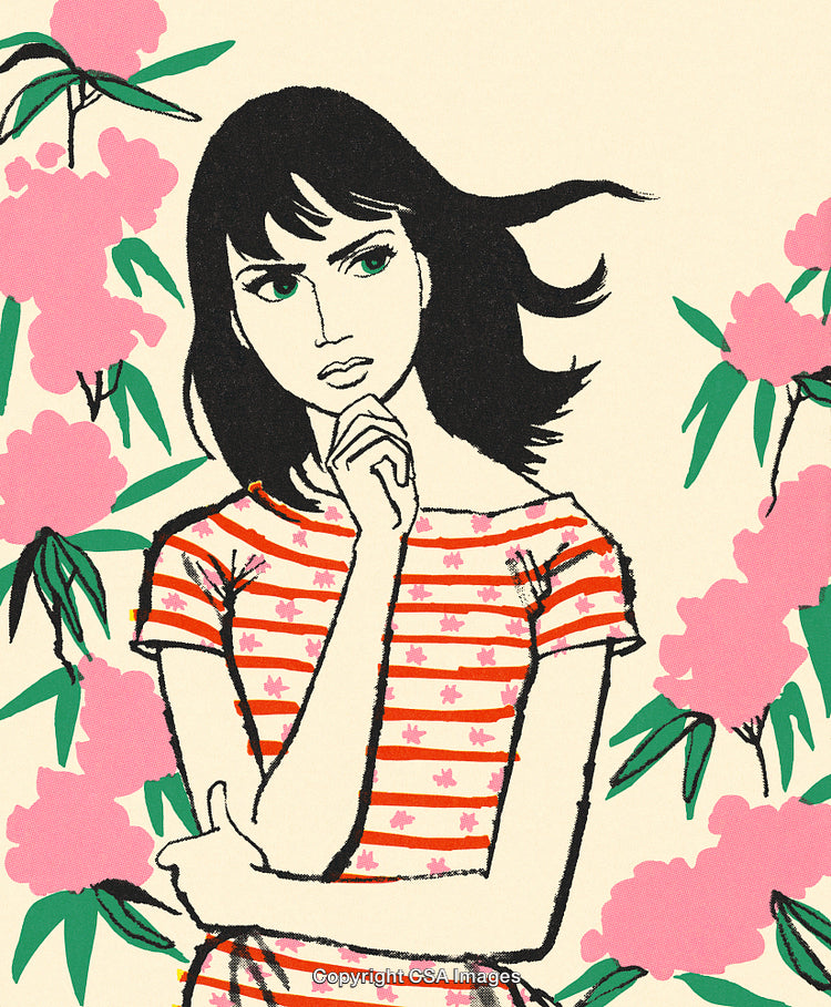 Thoughtful Woman in Artistic Illustration Amongst Pink Floral Background