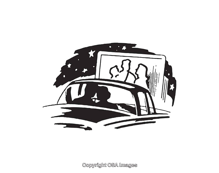 Black and White Illustration of a Romantic Drive-In Movie Scene