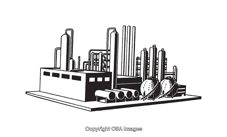 Black and White Line Drawing of an Industrial Complex with Various Structures