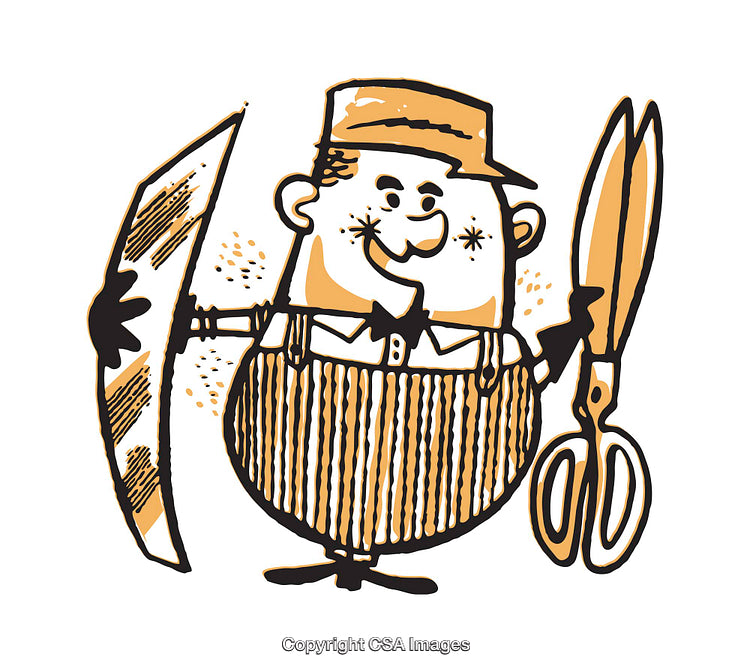 Cartoon Illustration of a Cheerful Tailor With Scissors and a Tape Measure