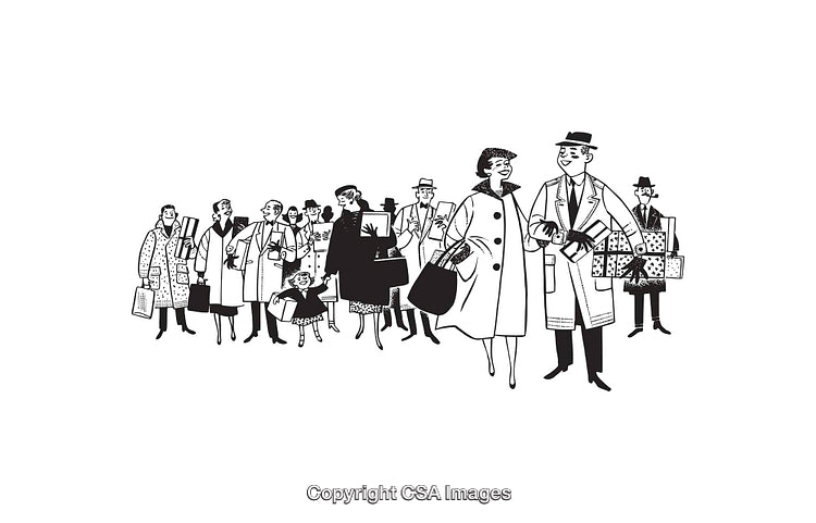 Vintage Black And White Illustration of a Shopping Crowd