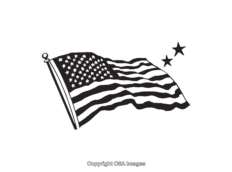 Black and White Illustration of the United States Flag and Stars