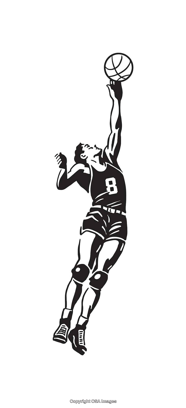 Black and White Line Art Illustration of Basketball Player Reaching for a Dunk