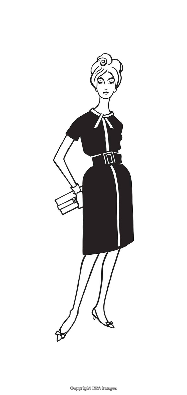 Elegant Black and White Line Art Illustration of a Woman in Stylish Attire