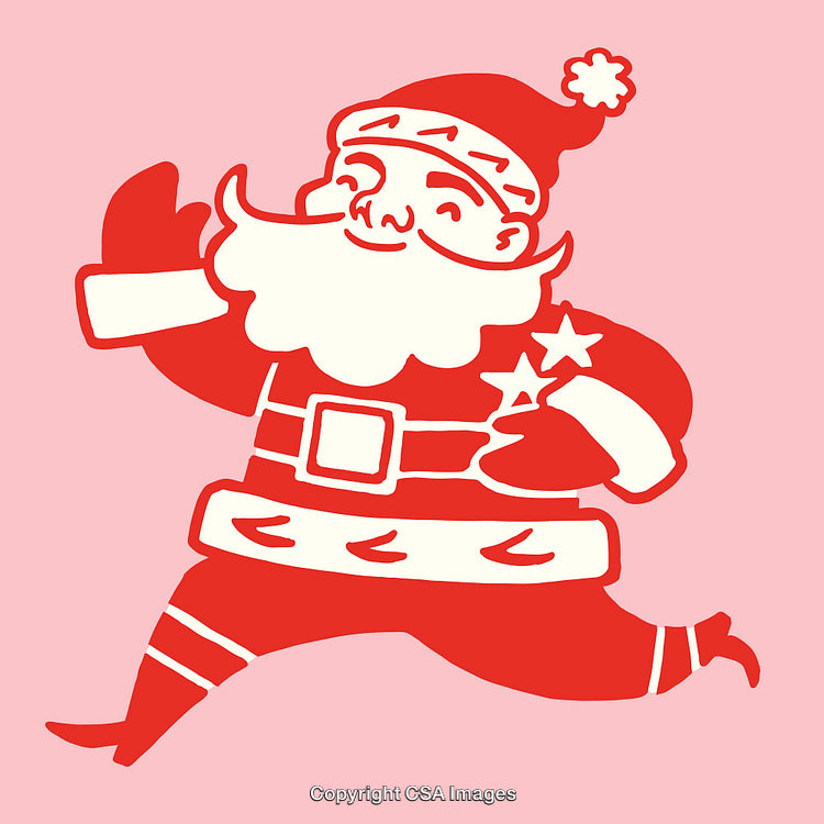 Festive Illustration of Santa Claus Running with Joyful Expressions