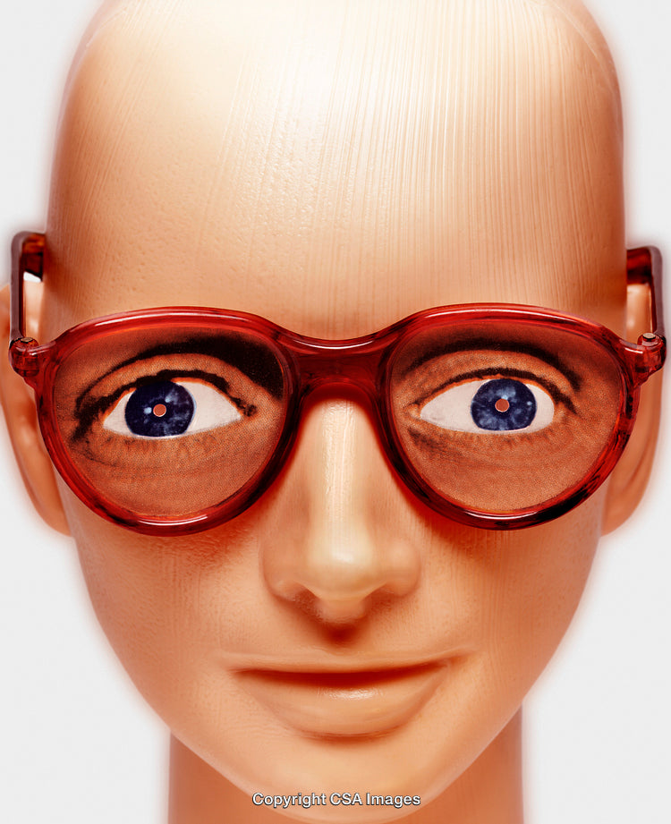 Plastic Mannequin Head Wearing Red Glasses With Painted Eyes Design