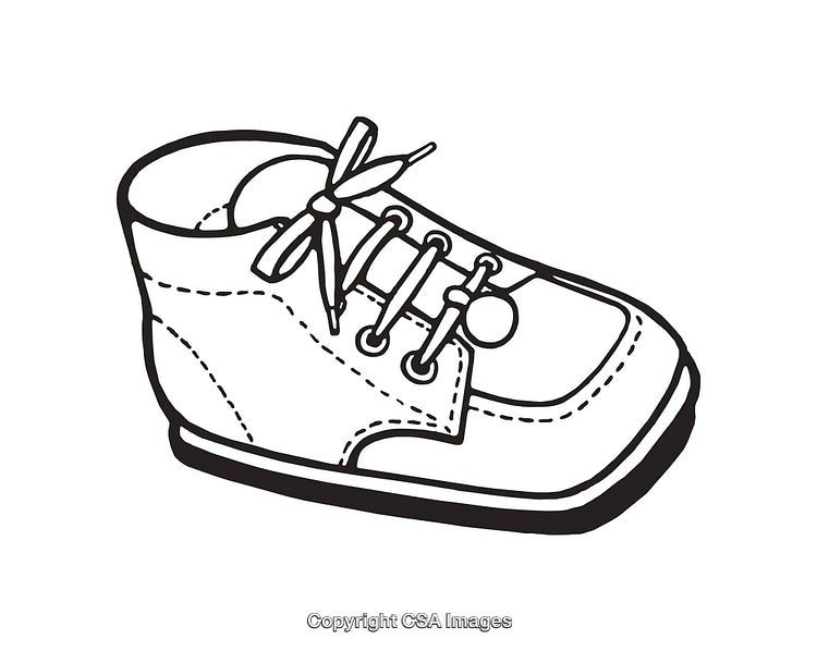 Black and White Line Art Illustration of a Baby Shoe with Laces