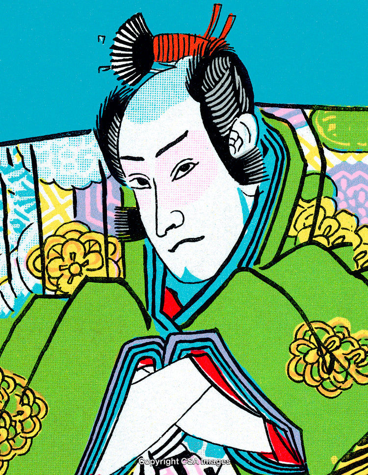 Traditional Japanese Ukiyo-e Style Portrait Painting with Vibrant Colors and Intricate Patterns