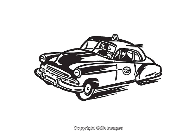 Black and White Line Illustration of a Vintage Taxi Vehicle