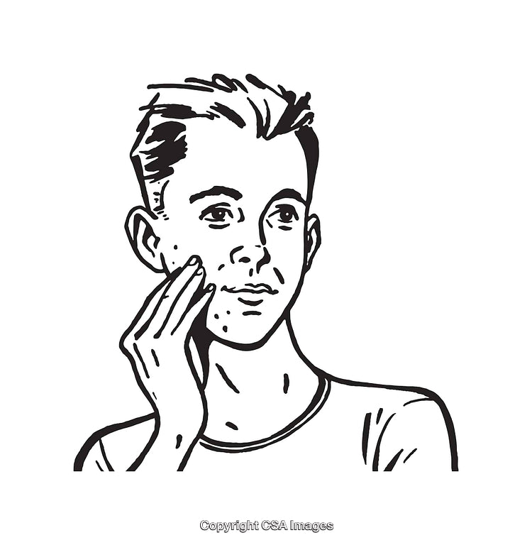 Black and White Illustration of a Young Man Touching His Face
