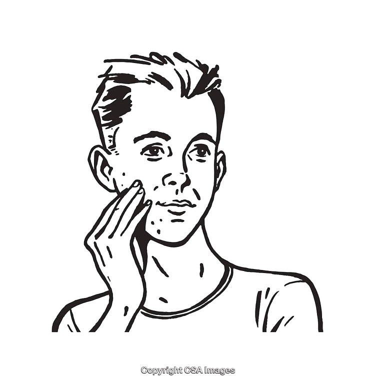 Black and White Illustration of a Young Man Touching His Face