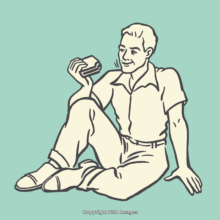 Smiling Man Sitting with Sandwich in Relaxing Pose, Vintage Illustration