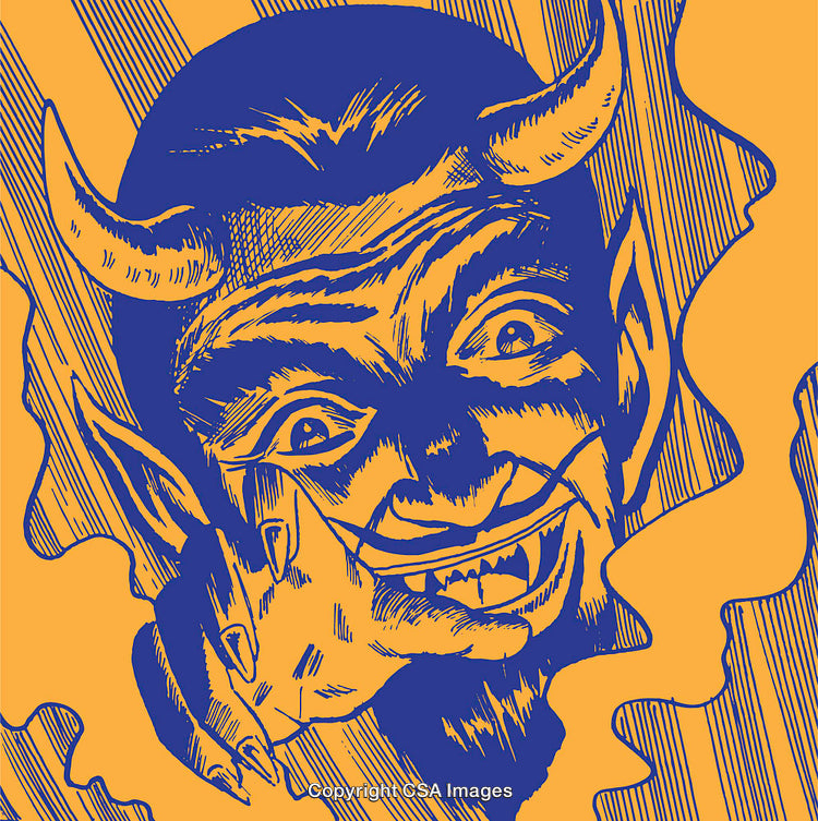 Vintage Styled Illustration of Demon with Grinning Face and Artistic Details