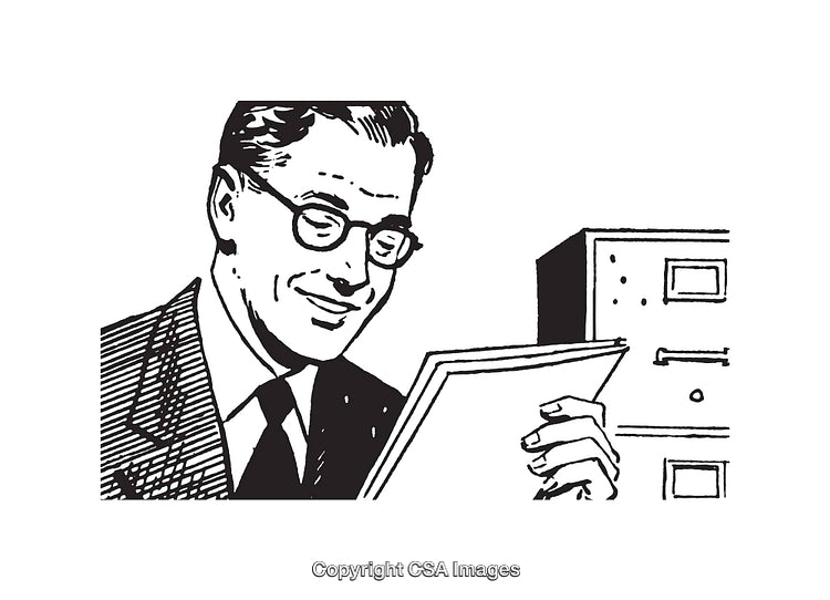 Retro Office Illustration of a Smiling Man with Glasses Reading a Document