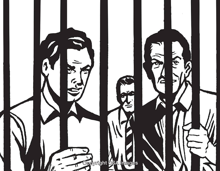 Black and White Illustration of Men Behind Metal Prison Bars