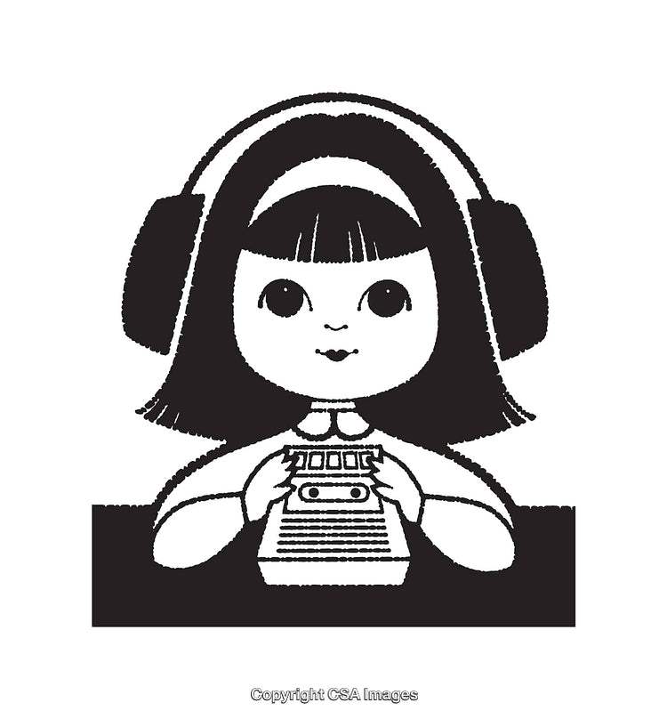 Cute Black and White Illustration of Girl with Headphones and Cassette Player