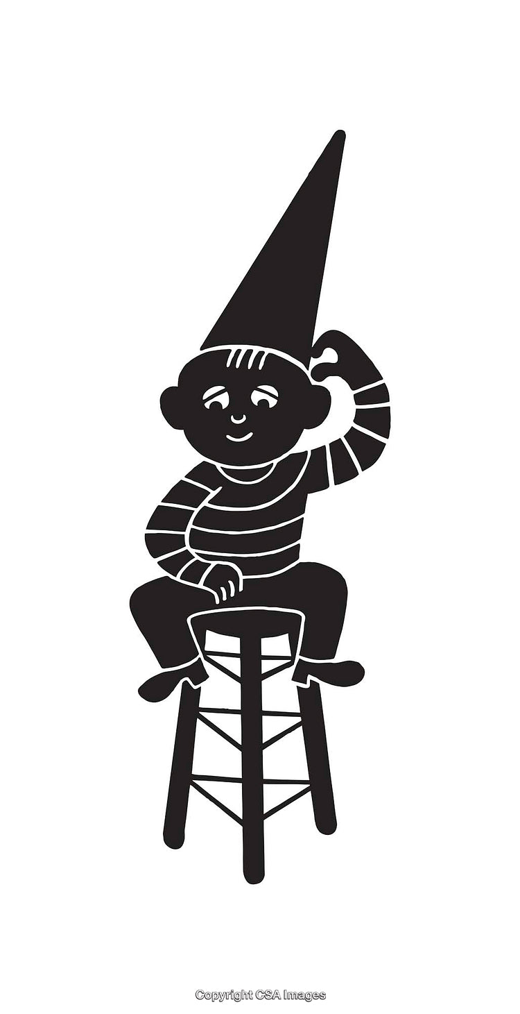 Whimsical Black-and-White Illustration of a Cartoon Character Sitting on a Stool