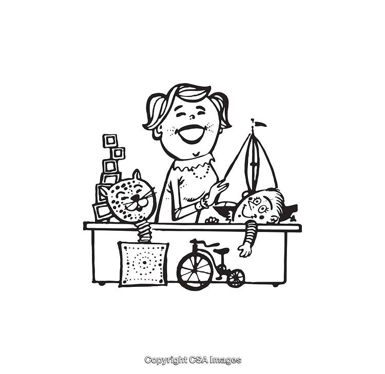 Black and White Line Art of Family and Playful Toys