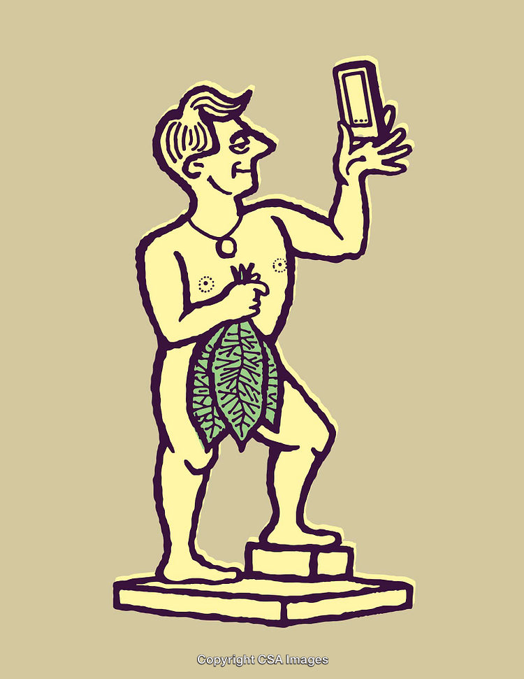 Cartoon Illustration of a Figure Holding a Smartphone and Taking a Selfie