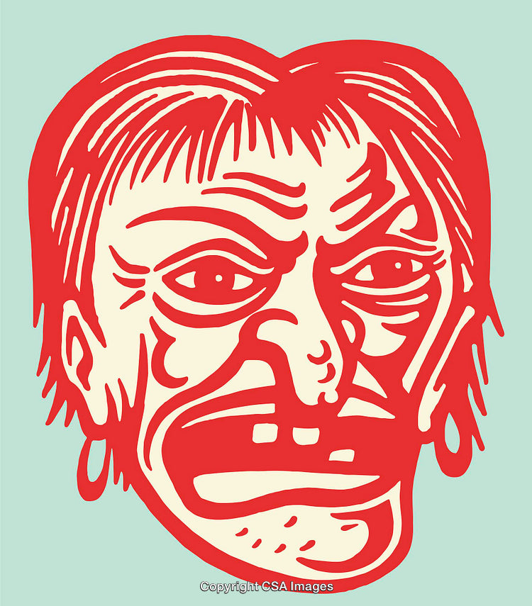Expressive Red Line Art Illustration of a Stylized Face on Pastel Background