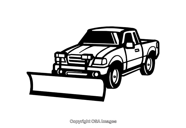 Black and White Illustration of a Pickup Truck with Snowplow
