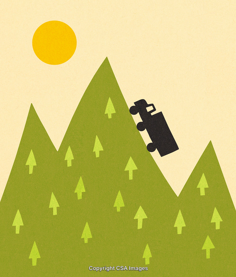 Silhouette of a Truck Ascending Green Hills Under a Bright Sun