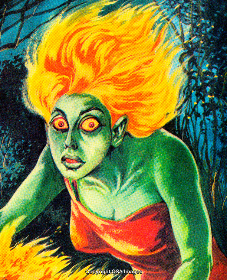 Vivid Illustration of an Enchanted Woman with Fiery Hair in a Night Scene