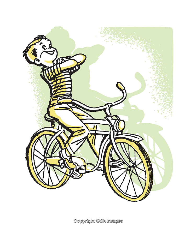 Cheerful Boy Riding a Bicycle with a Playful Shadow Effect