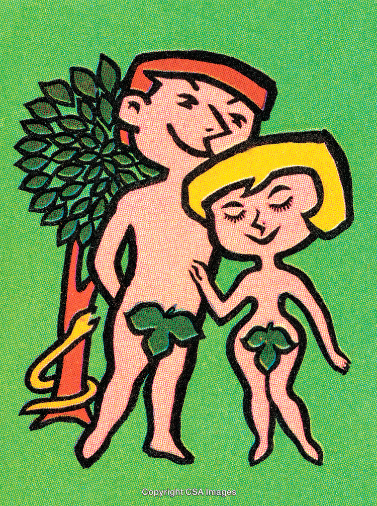 Cartoon Depiction of Adam and Eve With Tree and Serpent