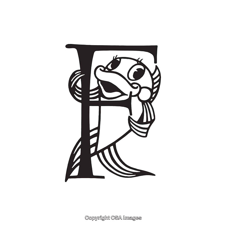 Decorative Letter F Illustration with Whimsical Fish Artwork in Black Ink Style