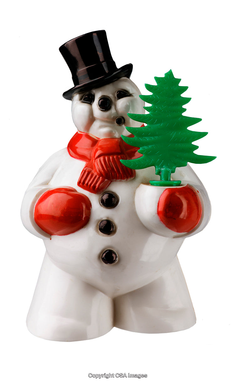 Festive Snowman Figurine Holding Green Tree and Wearing a Red Scarf