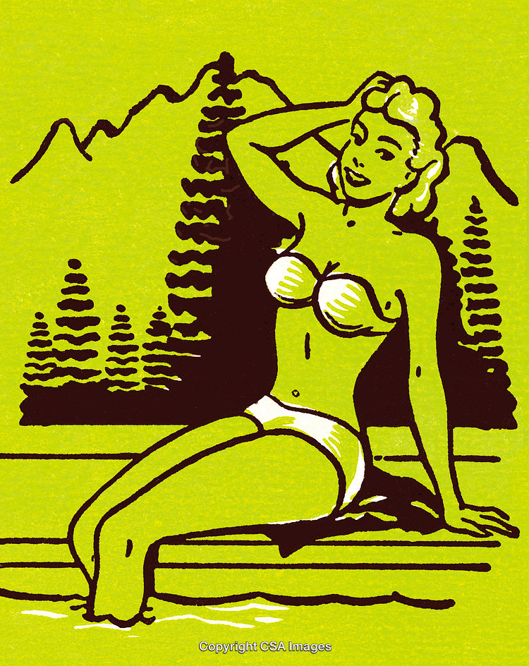 Retro Artwork of a Woman Relaxing by the Water in a Forest Scene