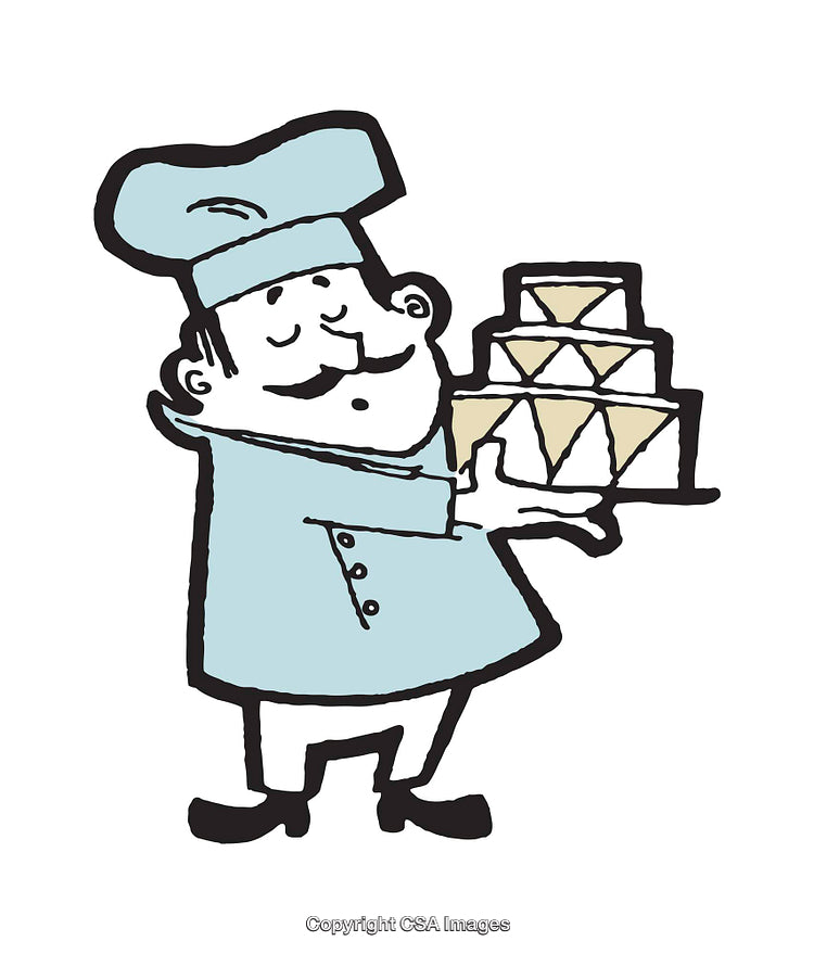 Cheerful Cartoon Chef Holding a Tiered Cake in Pastel Colors