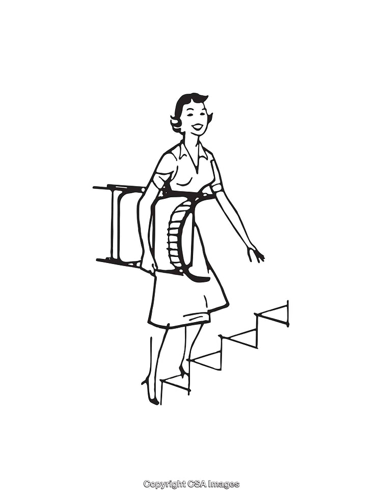 Retro Line Art Illustration of a Woman Climbing Stairs with a Ladder