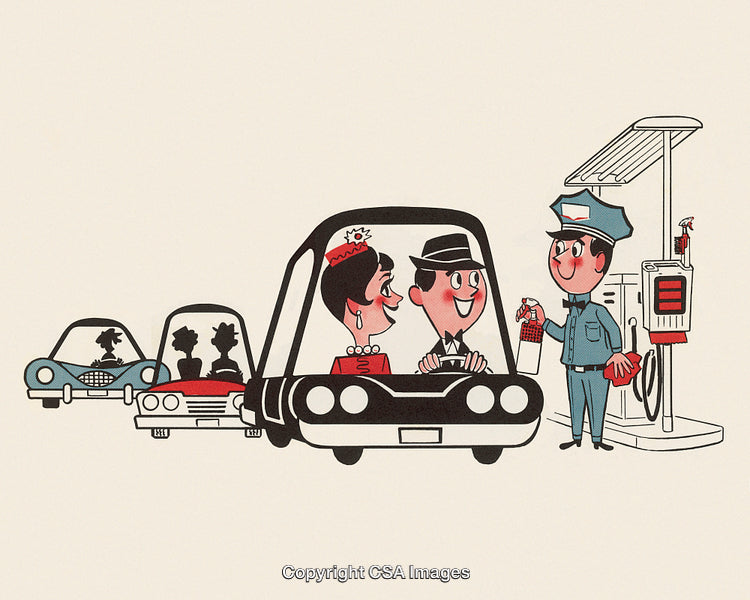 Retro Cartoon of Car Owners at Gas Station Receiving Service