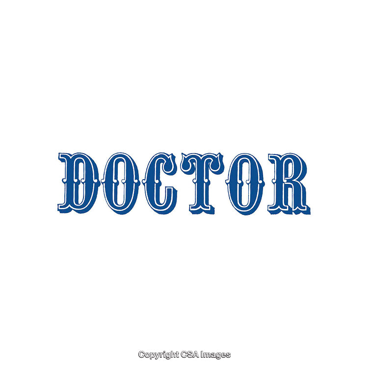 Bold Blue Typographic Graphic of the Word Doctor on a White Background