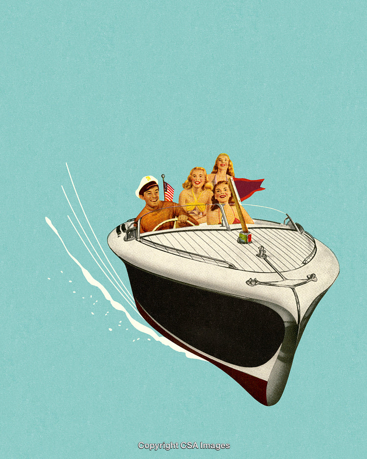 Group On A Vibrant Boat Ride Illustration With Retro Styling