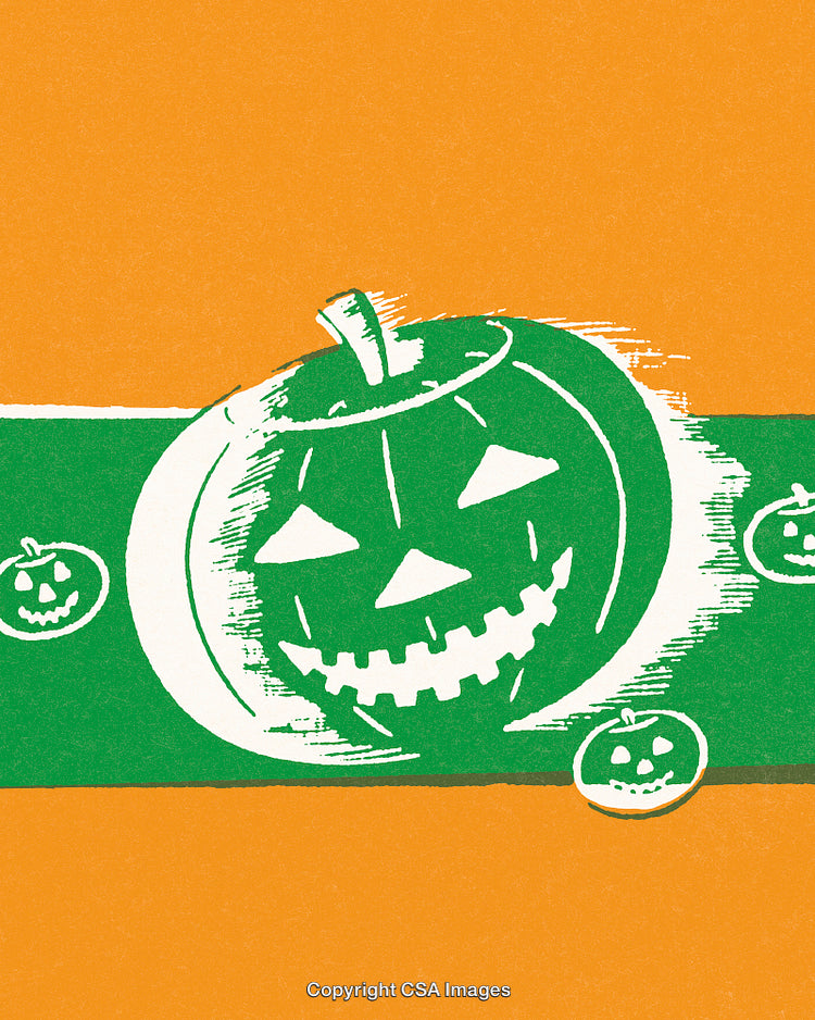 Vintage Styled Jack-o'-Lantern Illustration Against Orange Background