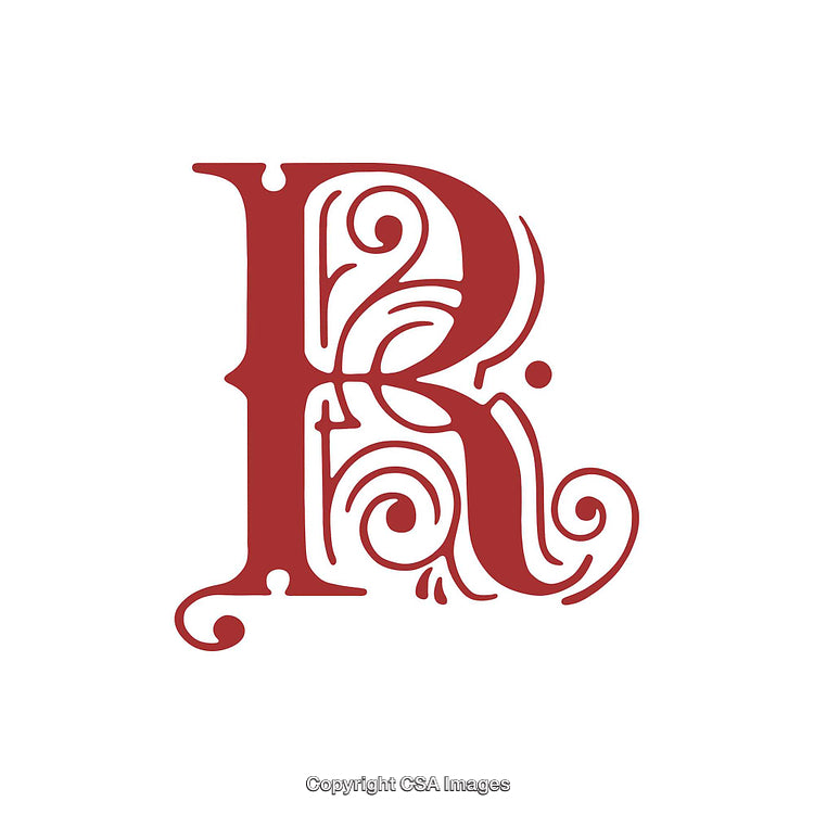 Decorative Red Letter R with Intricate Swirling Patterns