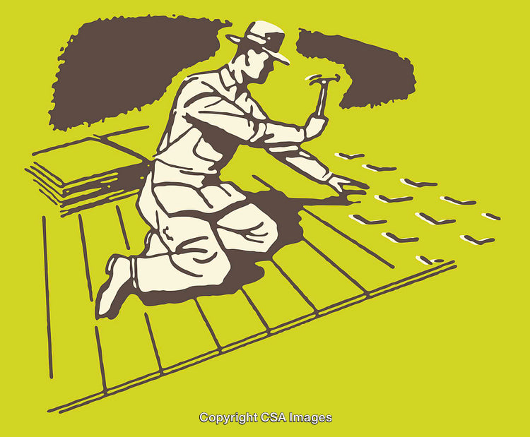 Worker Installing Roofing Shingles with Hammer on Yellow Background Line Art