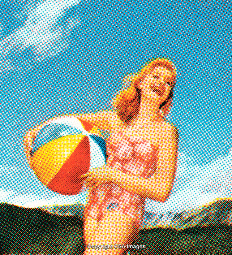 Vintage-Style Summer Scene with Woman and Colorful Beach Ball Outdoors