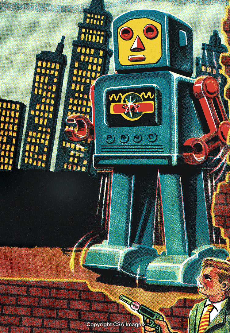 Vintage Comic Style Robot in a Futuristic City Landscape