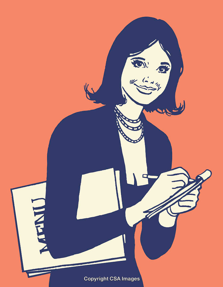 Illustrated Female Waitress Holding Menu and Taking Notes in Vintage Style