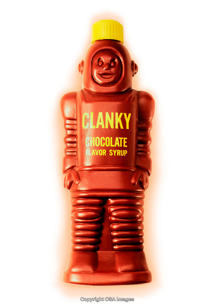 Toy Robot Bottle Featuring Clanky Chocolate Flavor Syrup in Creative Design