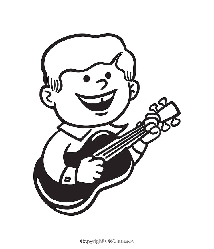 Cheerful Boy Playing Guitar in Black and White Line Art