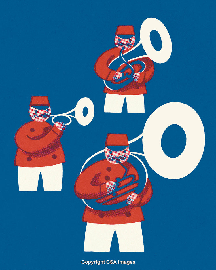 Playful Artistic Illustration of Brass Band Musicians in Uniform