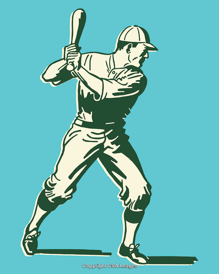 Vintage Baseball Player Illustration with Bat in Classic Pose