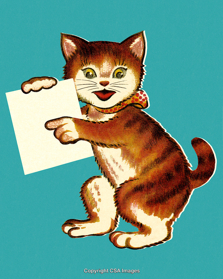 Vintage Illustration of a Smiling Cat Holding a Blank Poster