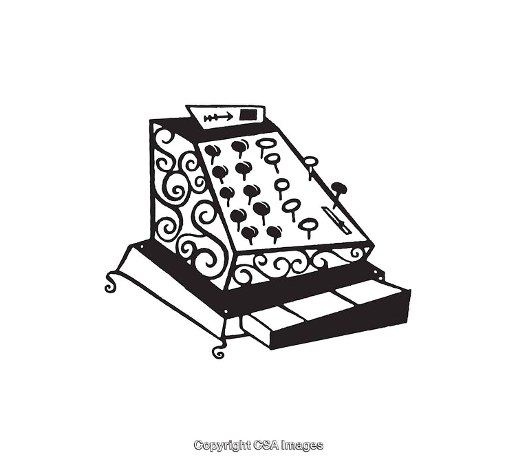 Elegant Black and White Illustration of a Retro Cash Register